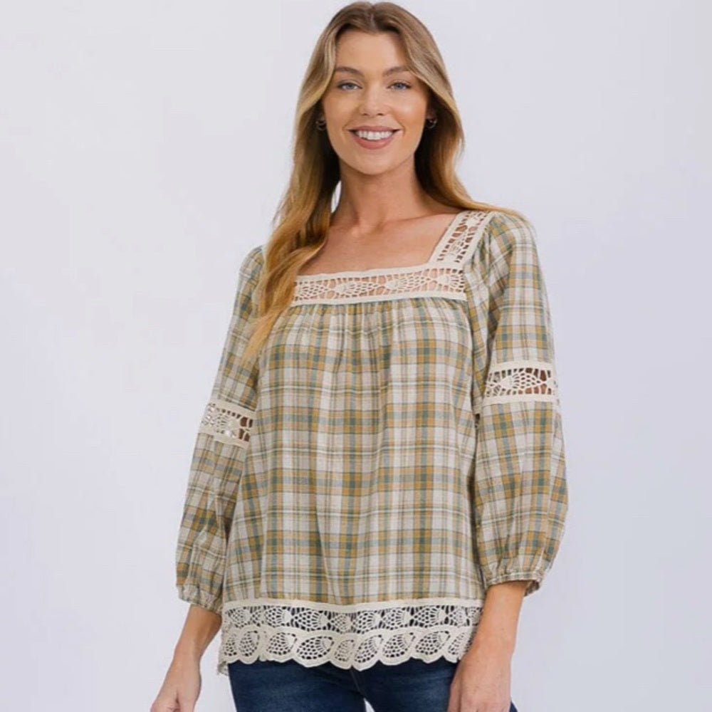395. Easel Plaid Lace Trim Women's Top