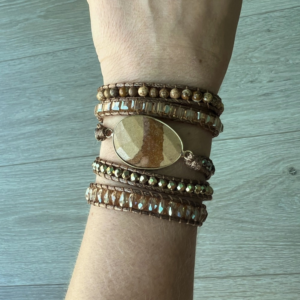 492. Brown Petrified Wood and Gold Beaded Wrap Bracelet