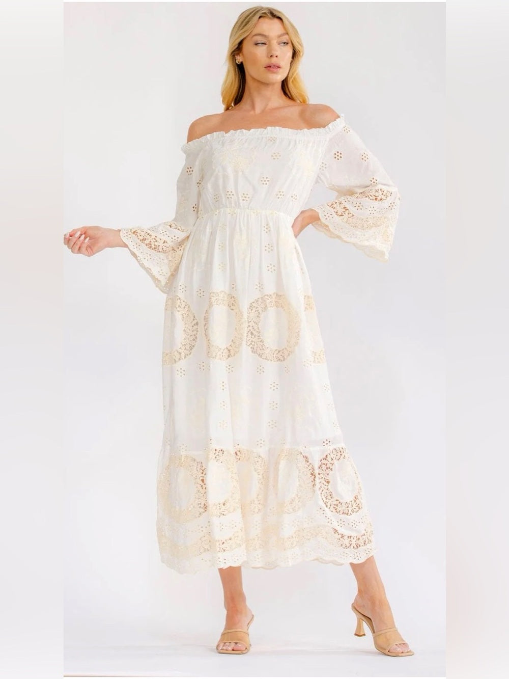 off the shoulder boho dress A472. Boho Off-Shoulder White & Cream Eyelet Maxi Dress – The Jillienne Edit