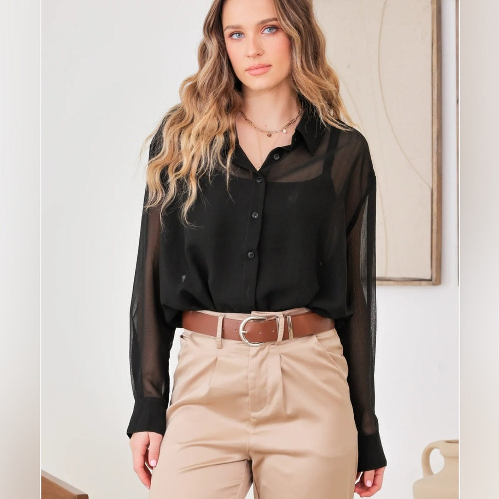 16. Sheer Long Sleeve Lace Bottom Collared Bodysuit