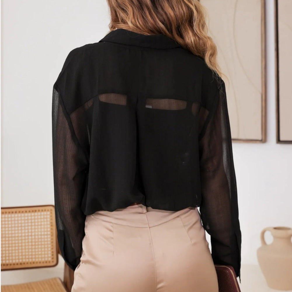 16. Sheer Long Sleeve Lace Bottom Collared Bodysuit