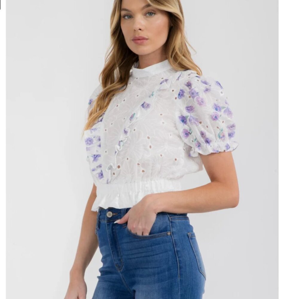 78. SHORT PUFF SLEEVE MOCK NECK FLORAL EYELET BLOUSE TOP