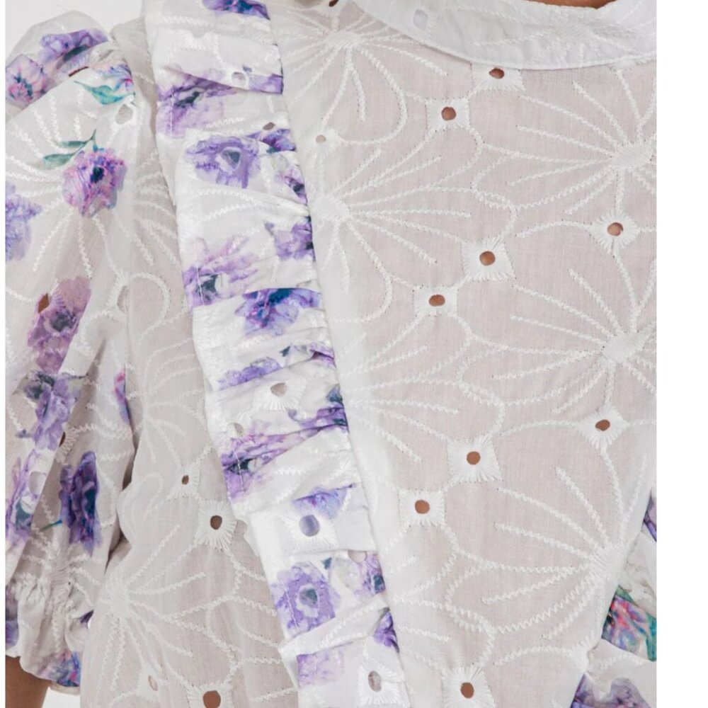 78. SHORT PUFF SLEEVE MOCK NECK FLORAL EYELET BLOUSE TOP
