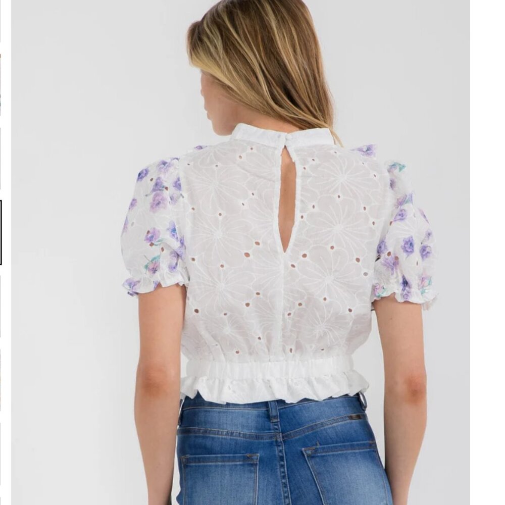 78. SHORT PUFF SLEEVE MOCK NECK FLORAL EYELET BLOUSE TOP