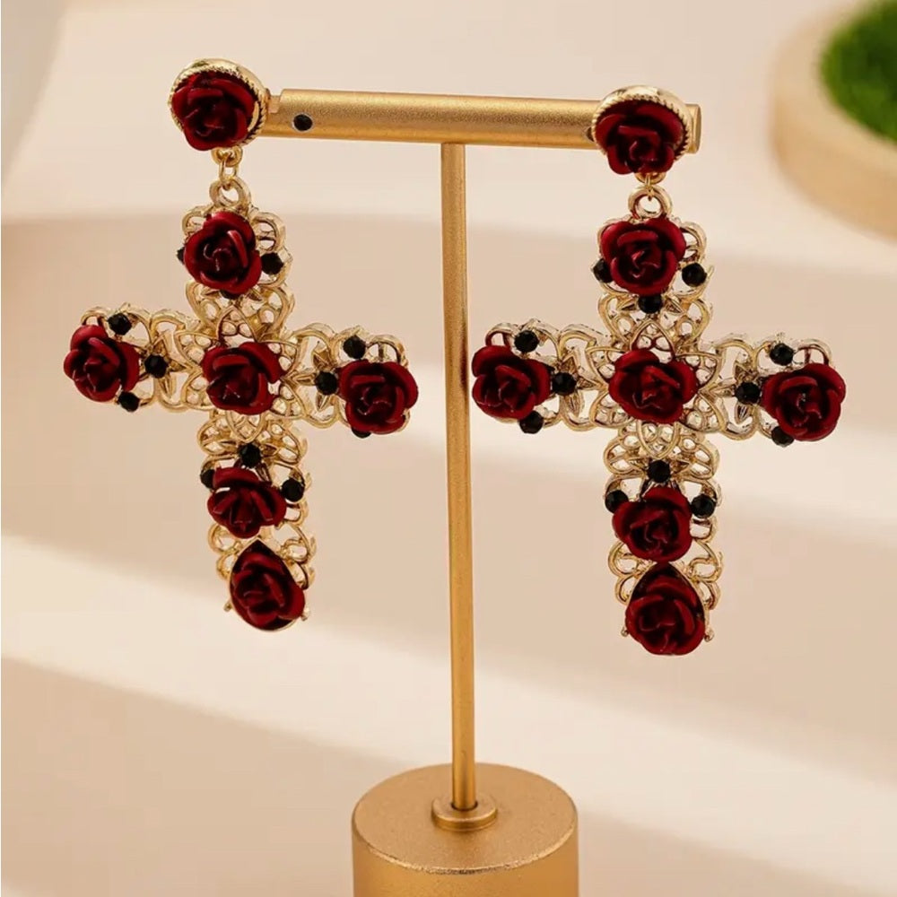 91. Red Rose Cross Earrings