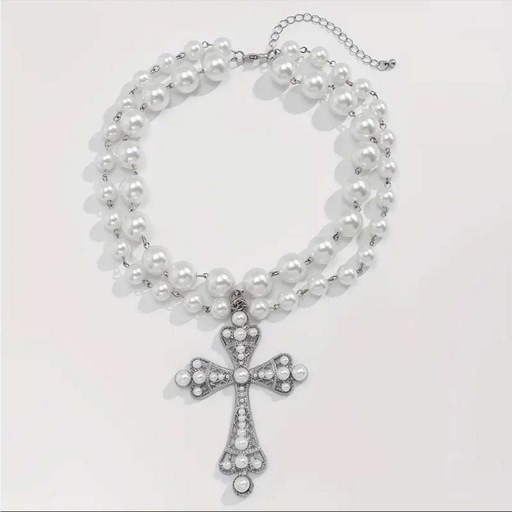 97. Pearl and Silver Cross Necklace