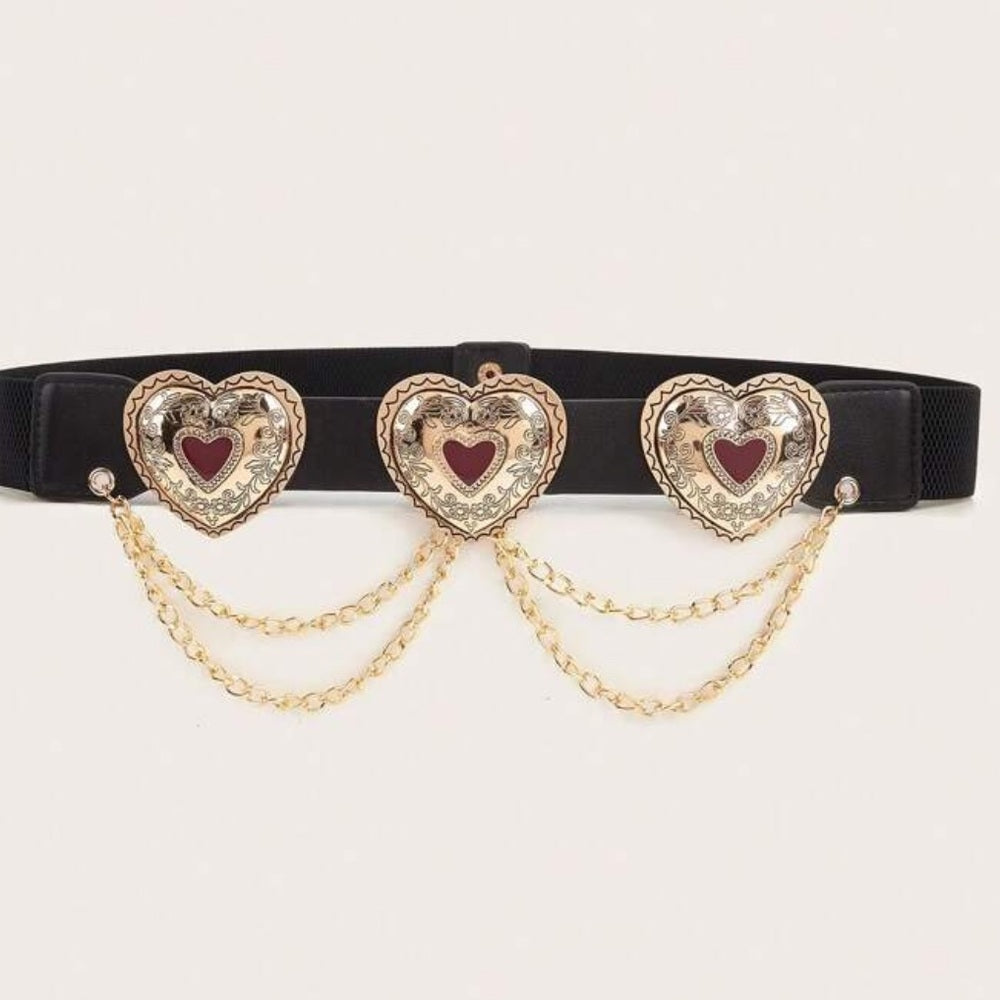 106. Heart Embellished Black Belt with Gold Chains