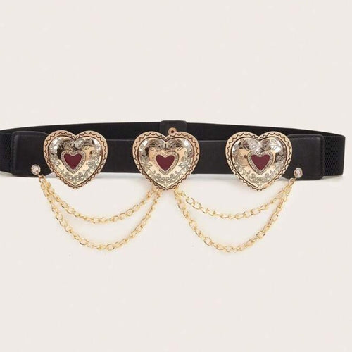 106. Heart Embellished Black Belt with Gold Chains