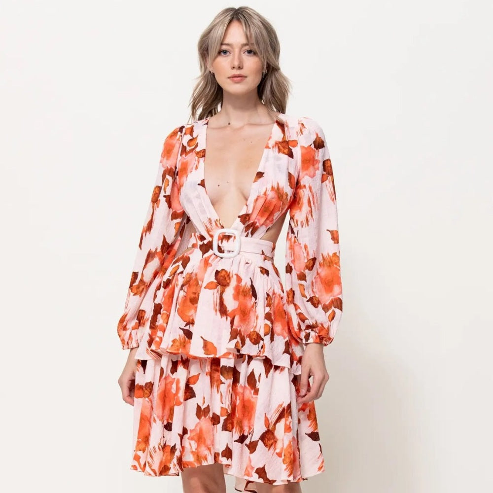 114. Floral Plunge Neck Dress with Belt