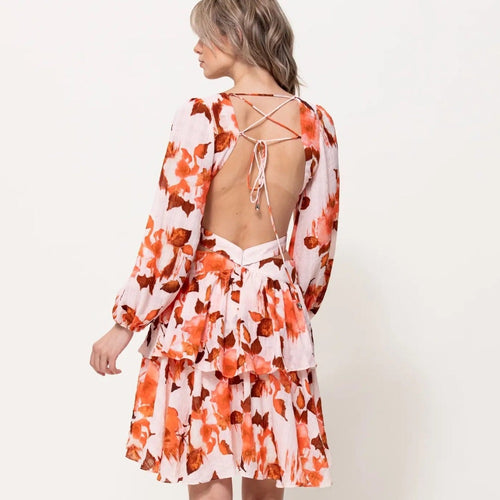 114. Floral Plunge Neck Dress with Belt