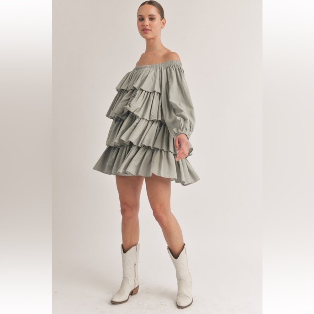 169. Off-Shoulder Ruffle Dress in Sage Green