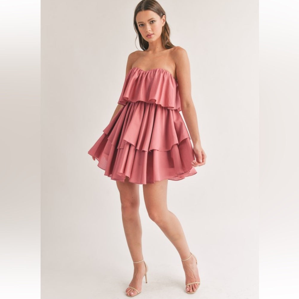 171. Rose Pink Strapless Ruffled Tiered Dress