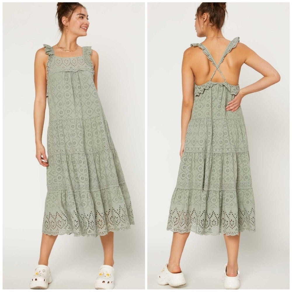 233. CURRENT AIR Anthro Sage Green Eyelet Midi Dress