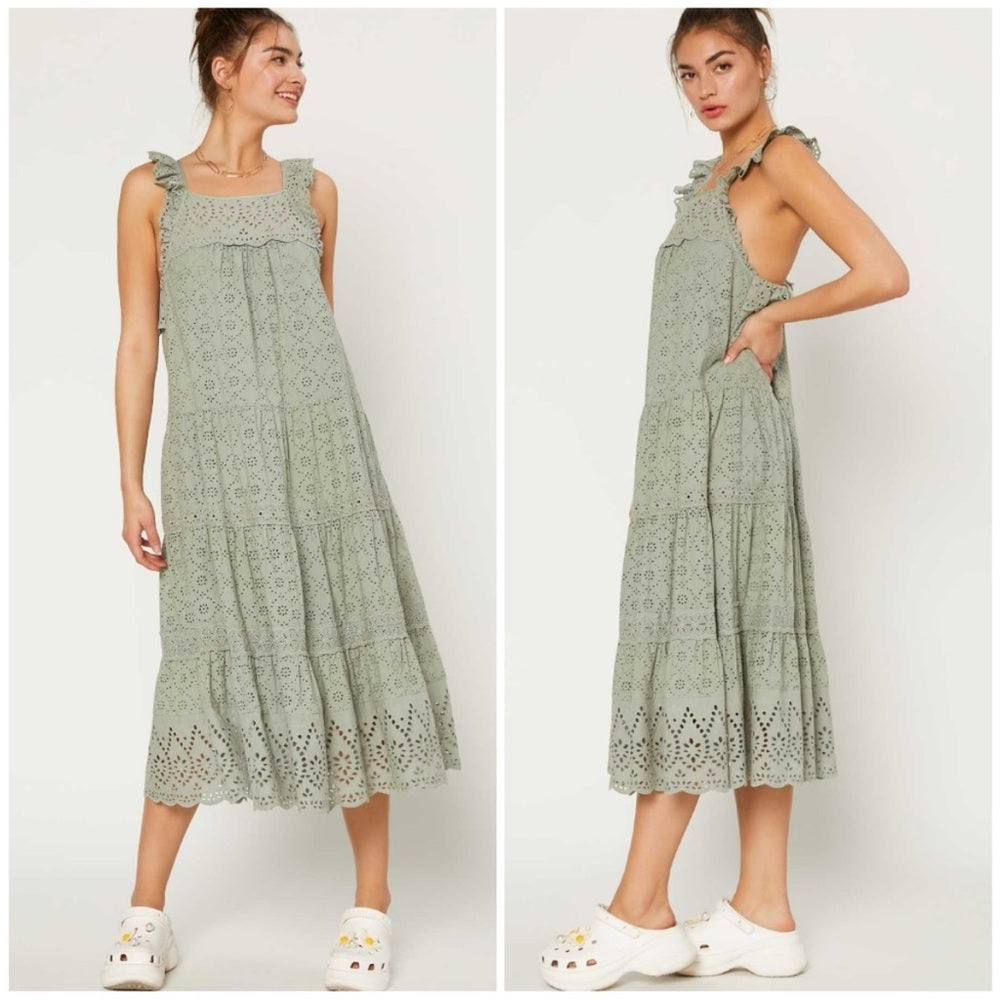 233. CURRENT AIR Anthro Sage Green Eyelet Midi Dress