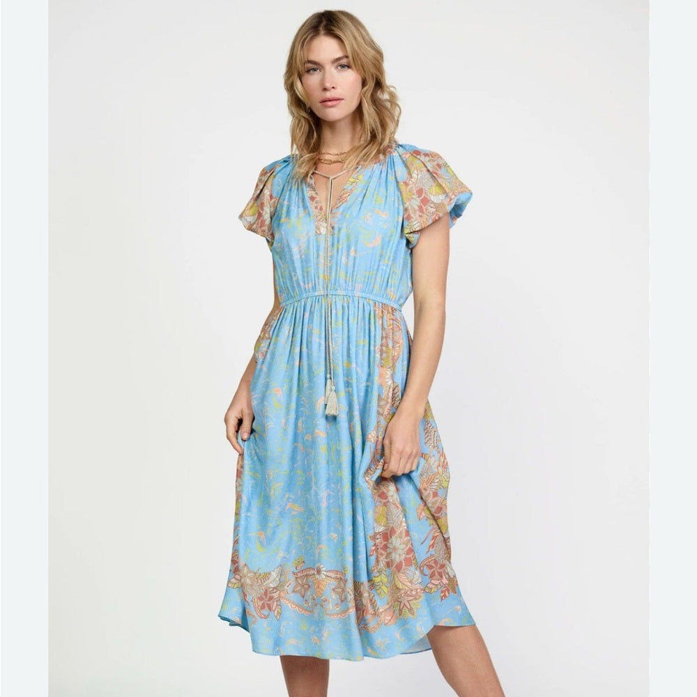 235. Floral Blue Midi Puff Bubble Sleeve Dress - Current Air