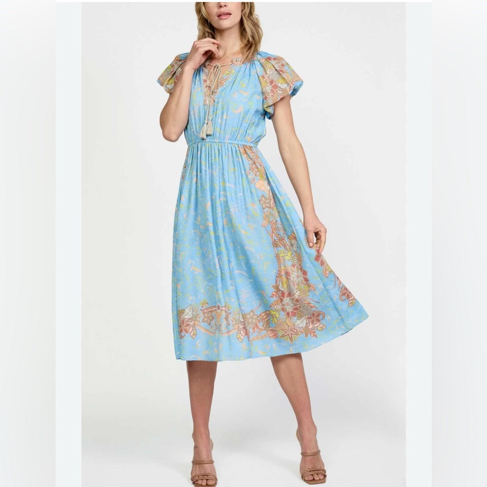 235. Floral Blue Midi Puff Bubble Sleeve Dress - Current Air