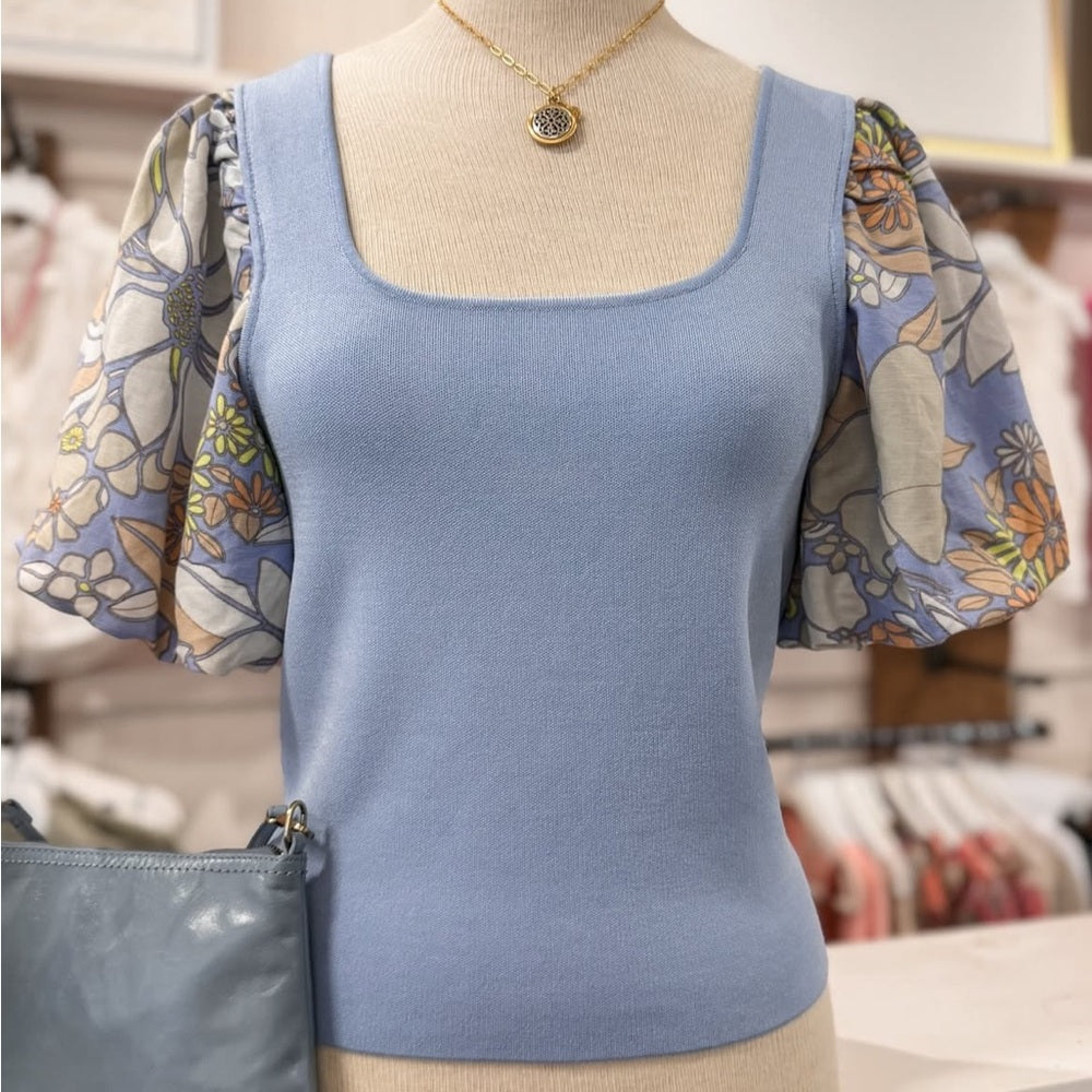 245. Floral Puff Sleeve Blue Top - Current Air