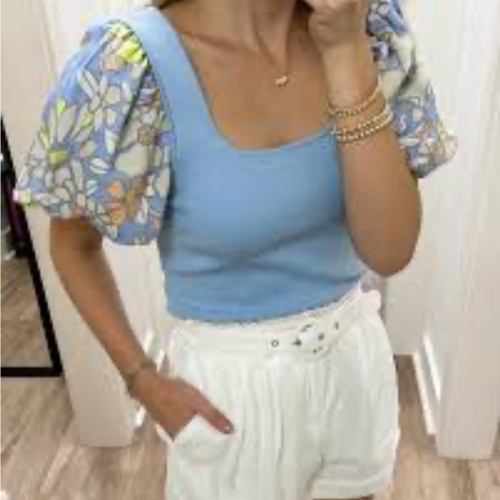 245. Floral Puff Sleeve Blue Top - Current Air