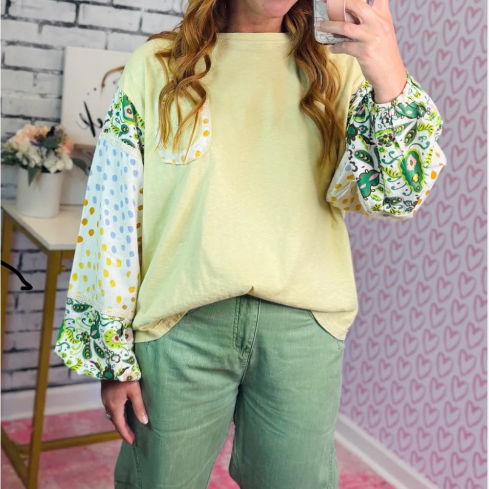 291: Easel The Charleston Top - Yellow and Green Patterned