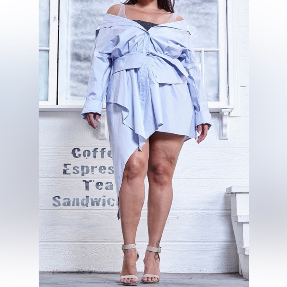 294. Blue Off-Shoulder Multi Layered Dress