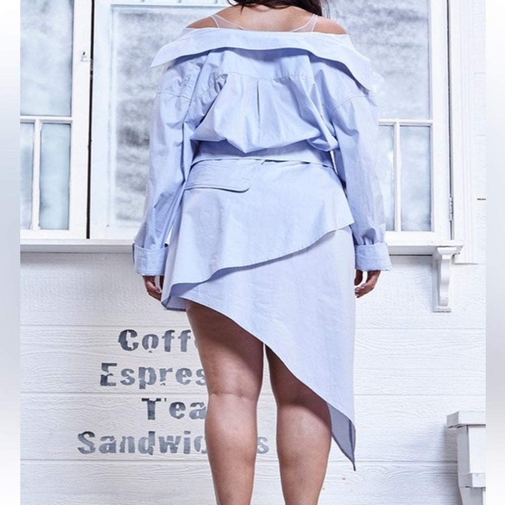 294. Blue Off-Shoulder Multi Layered Dress