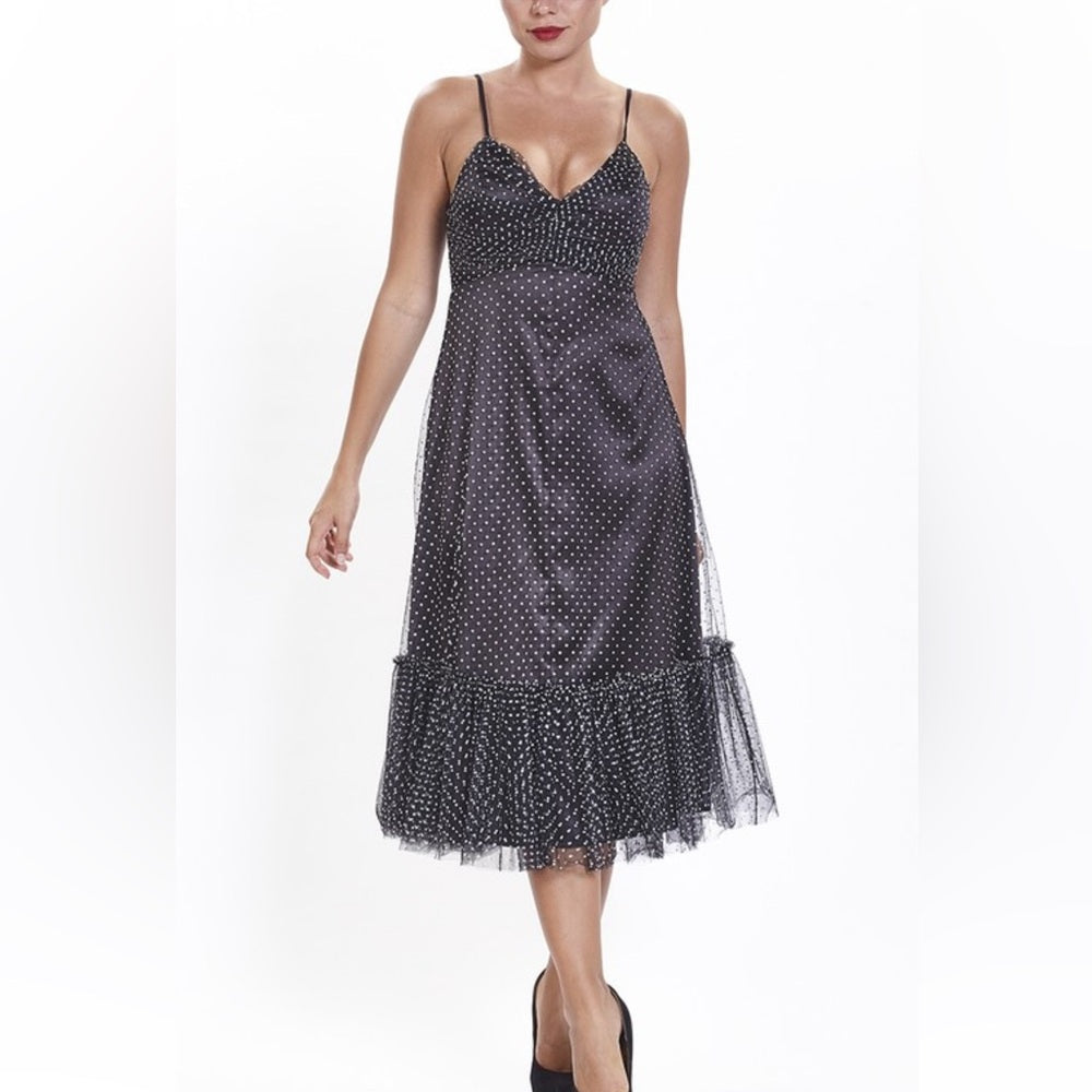 301. Black Tulle Polka Dot Midi Dress