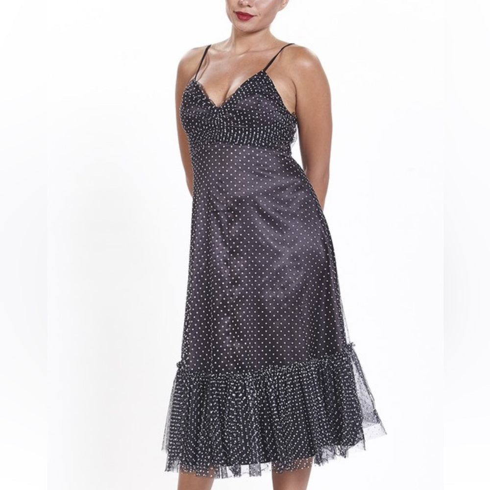 301. Black Tulle Polka Dot Midi Dress