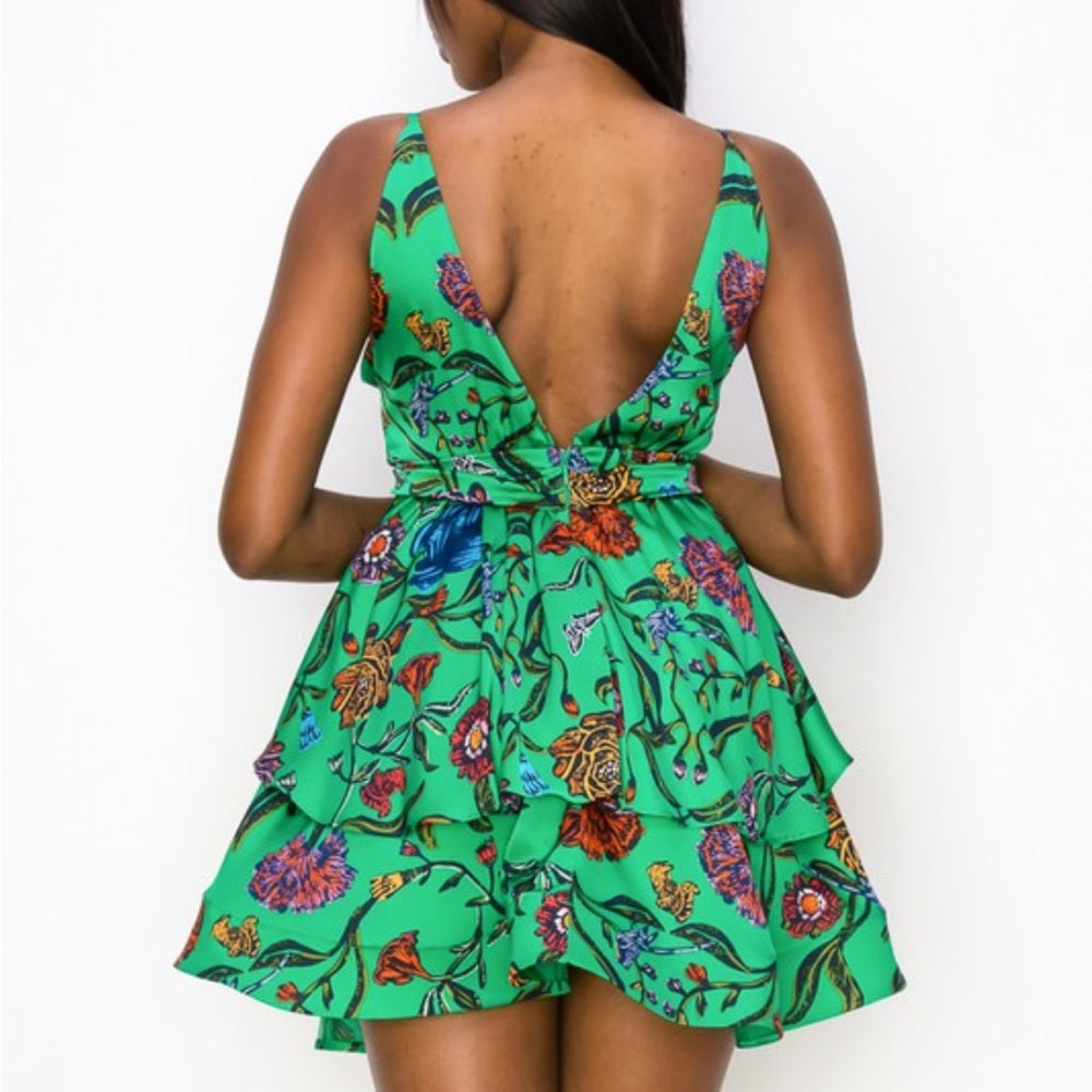 304. Floral Flutter Hem Kelly Green Dress