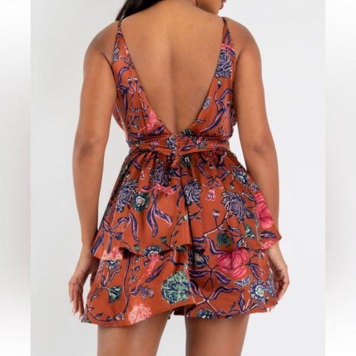 305: Floral Flutter Hem Rust Dress