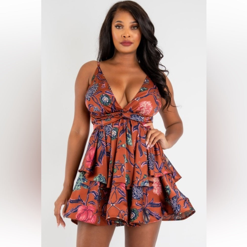 305: Floral Flutter Hem Rust Dress