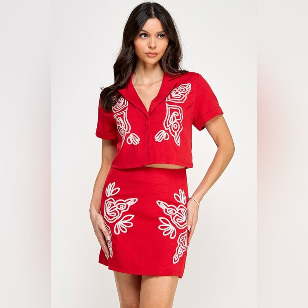 316. Red Embroidered 2 Piece Skirt Set