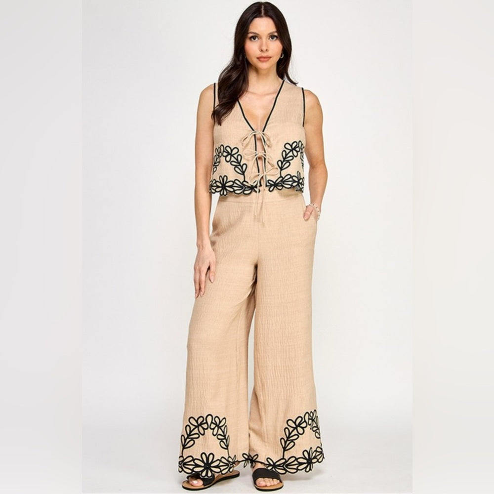 317. Tan & Black Embroidered Vest & Pants Set