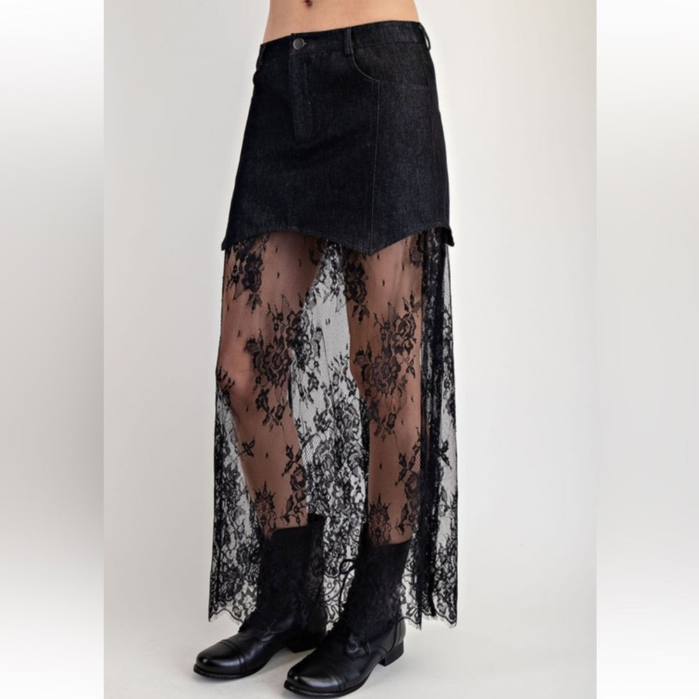 338. Black Lace Overlay Denim Skirt