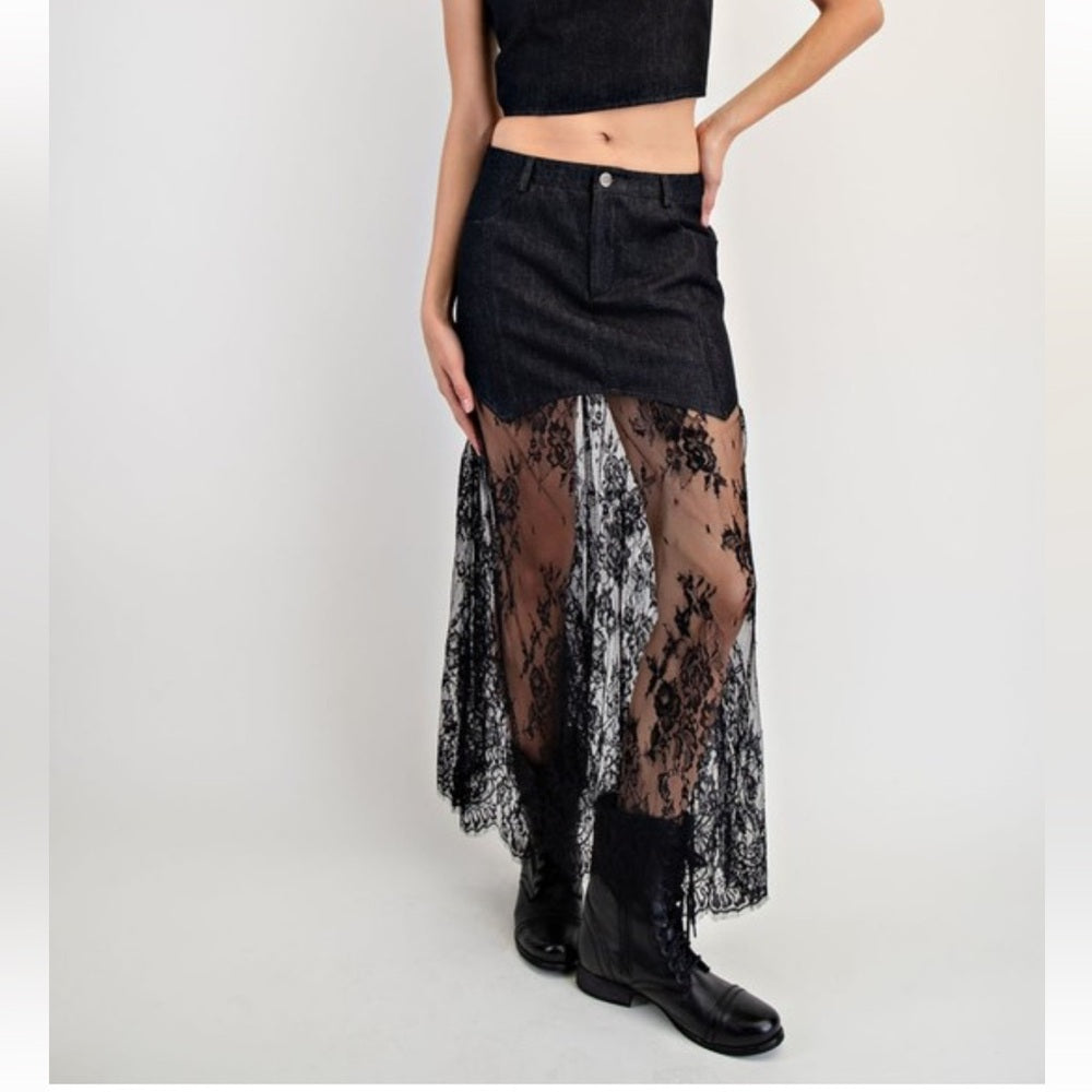 338. Black Lace Overlay Denim Skirt