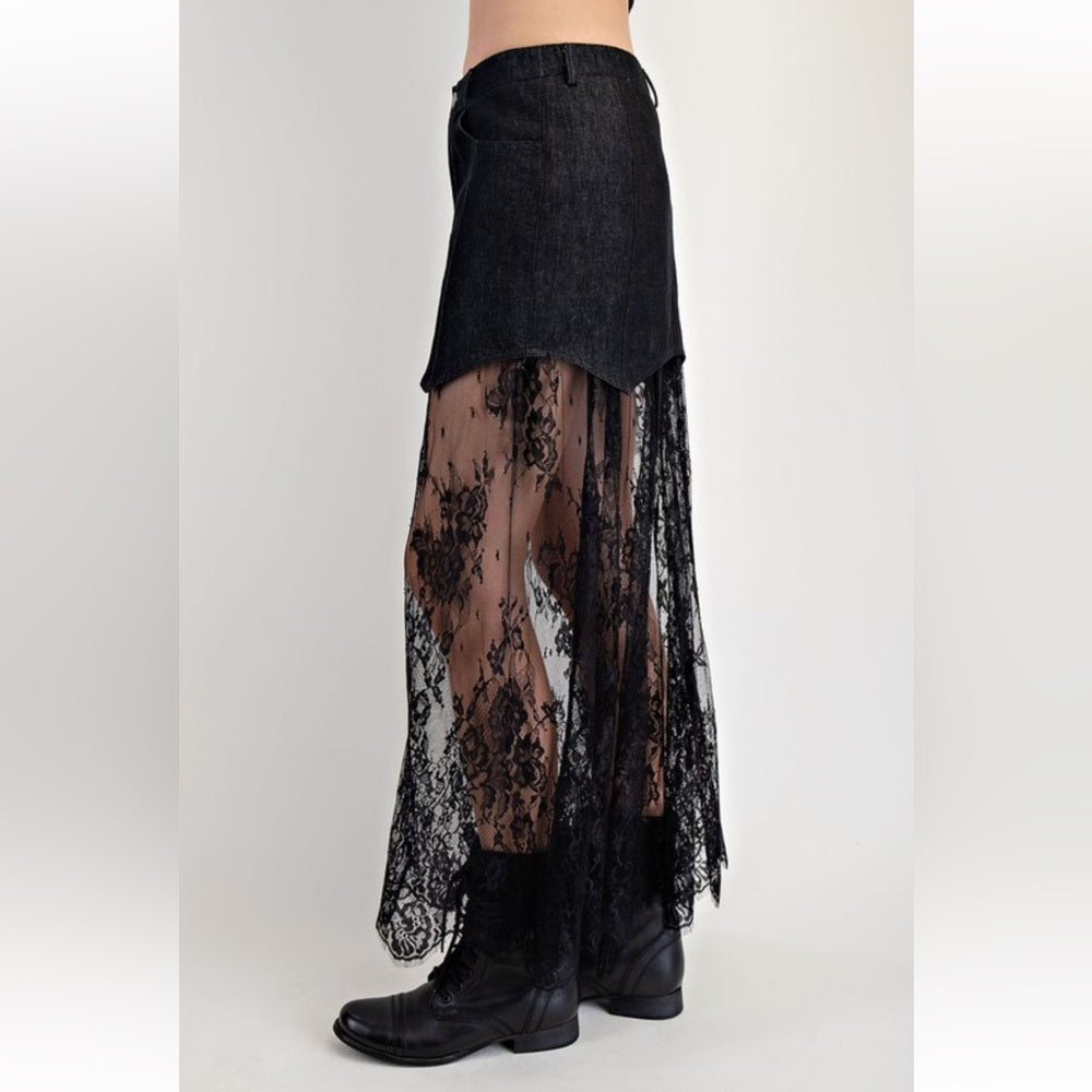 338. Black Lace Overlay Denim Skirt