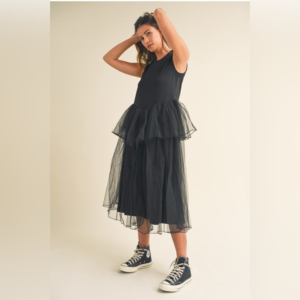 347. MABLE Black Sleeveless Contrasted Tulle Layered Midi Dress