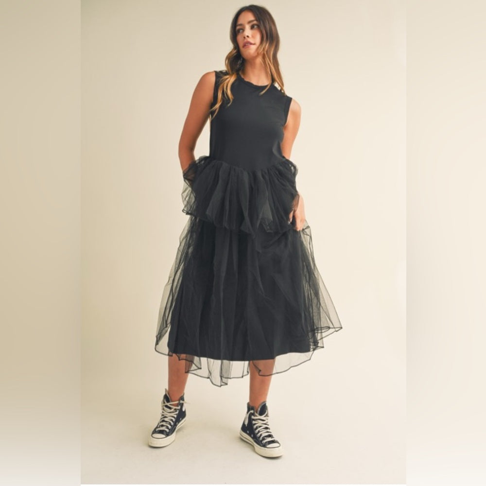 347. MABLE Black Sleeveless Contrasted Tulle Layered Midi Dress