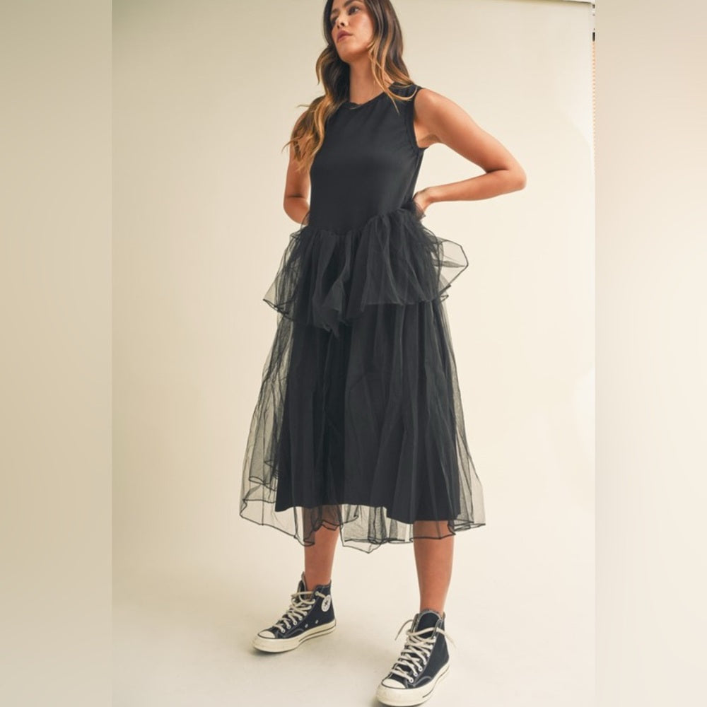 347. MABLE Black Sleeveless Contrasted Tulle Layered Midi Dress