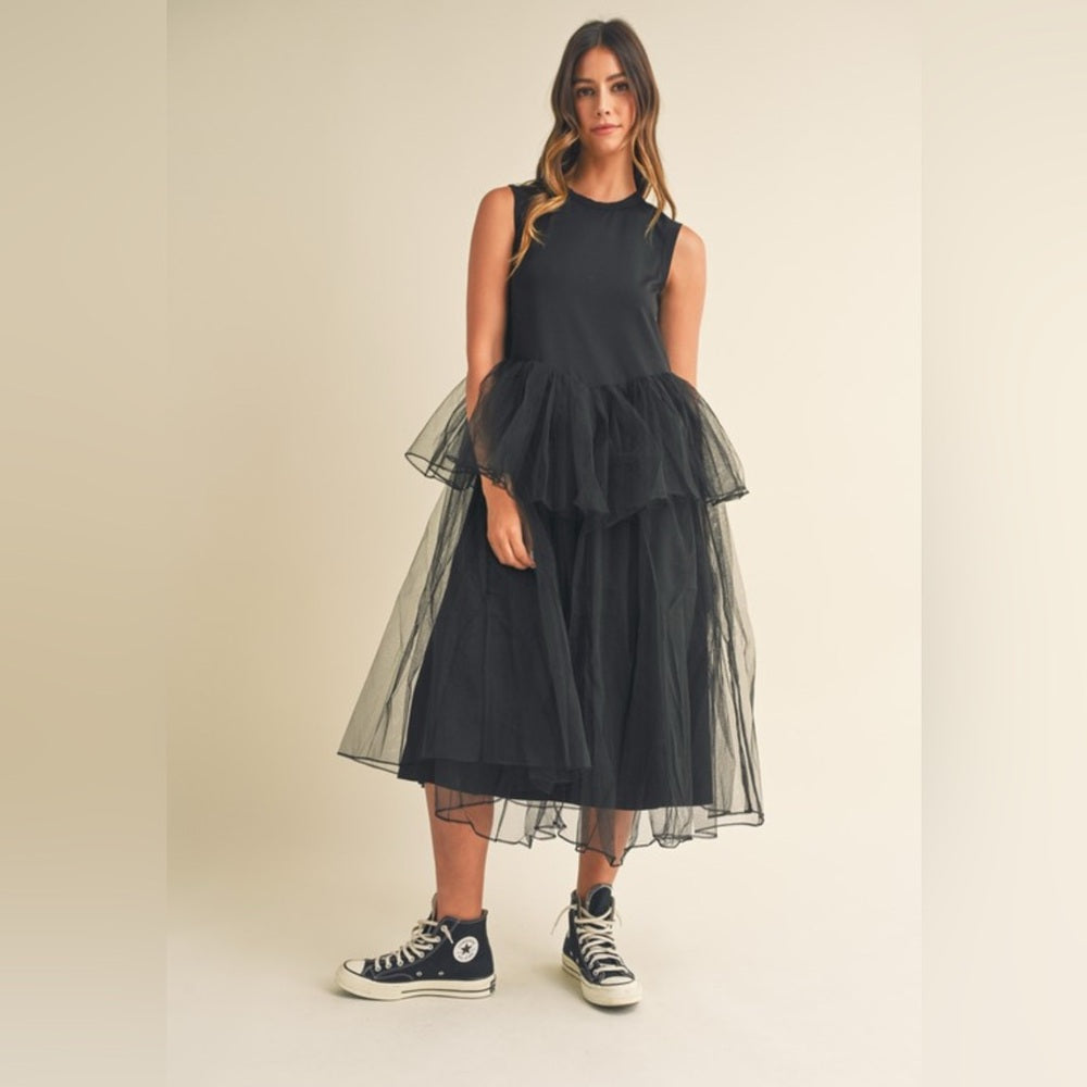 347. MABLE Black Sleeveless Contrasted Tulle Layered Midi Dress