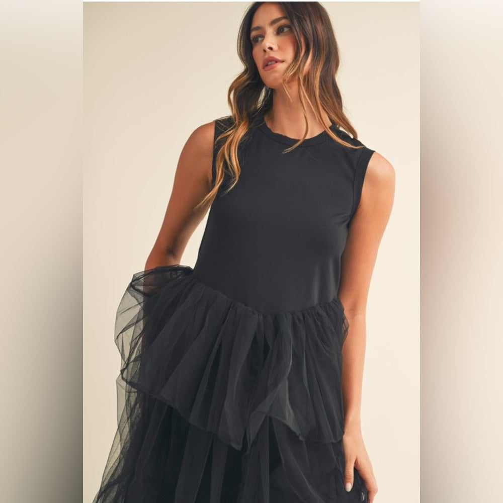 347. MABLE Black Sleeveless Contrasted Tulle Layered Midi Dress