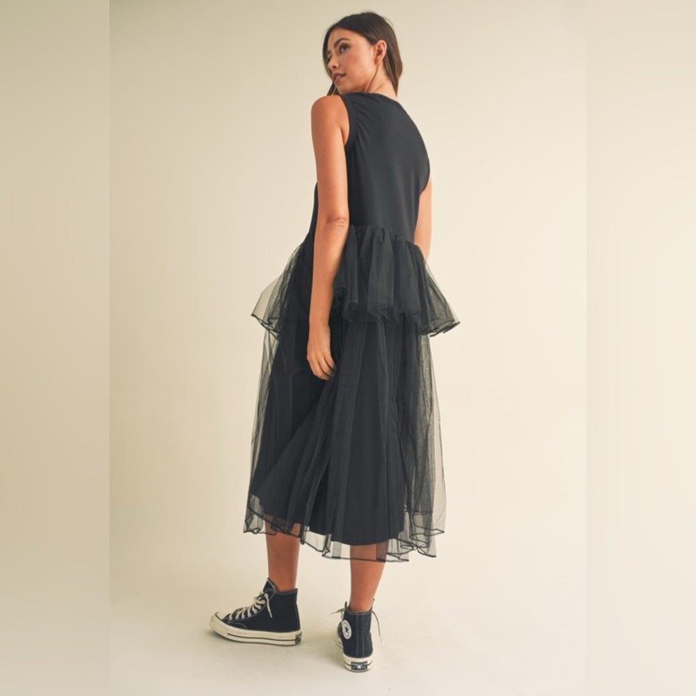 347. MABLE Black Sleeveless Contrasted Tulle Layered Midi Dress