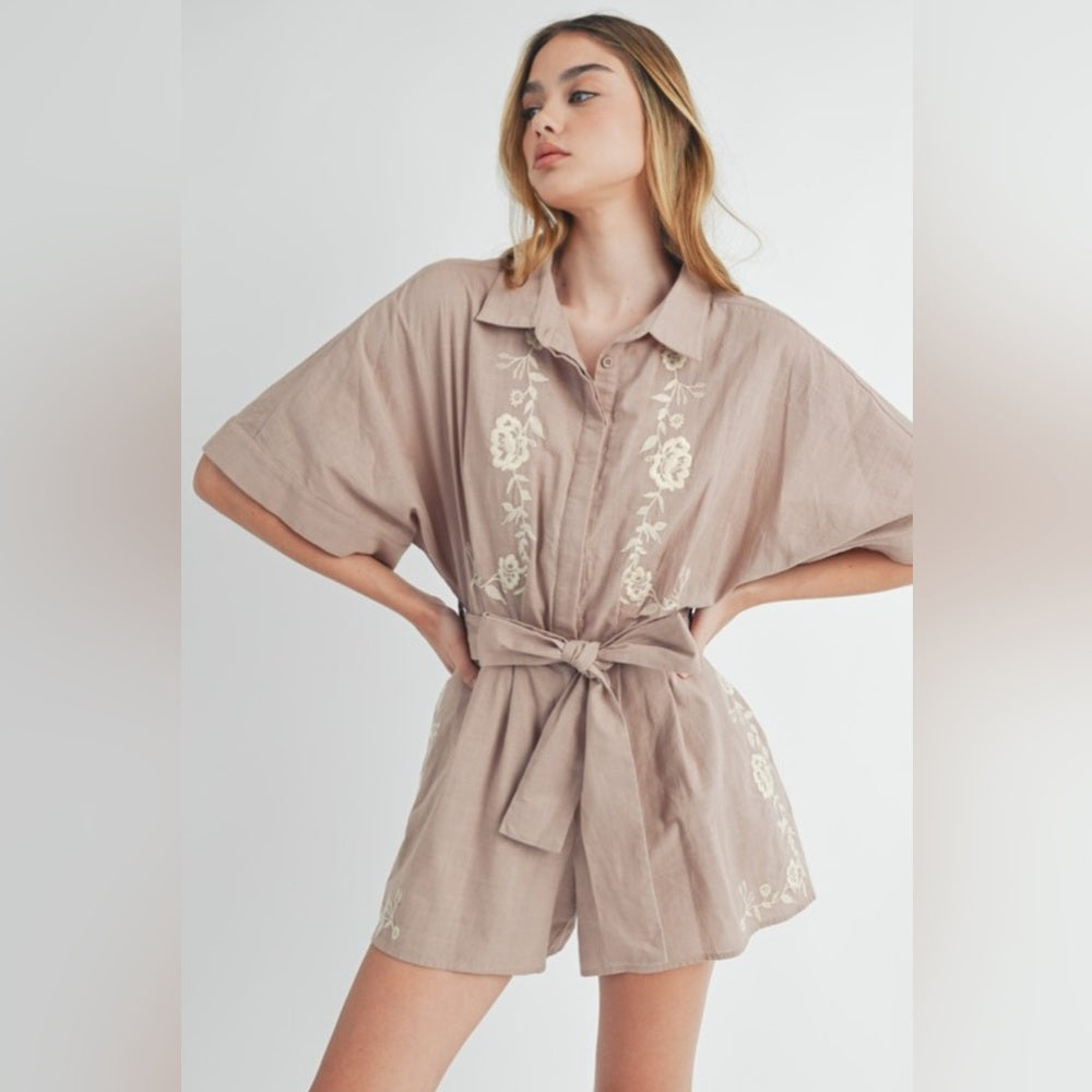 353. MABLE Embroidered Beige Romper with Tie Belt