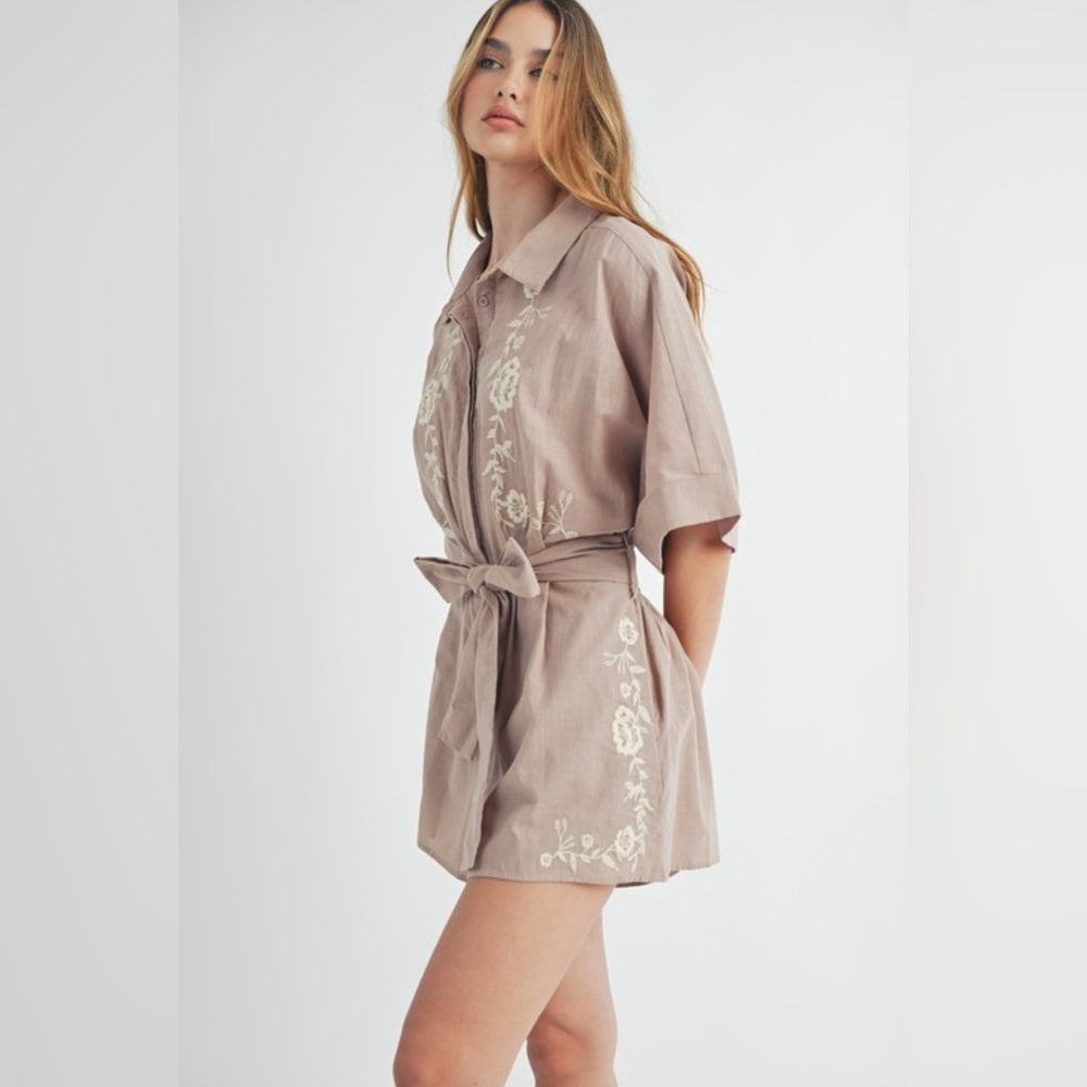 353. MABLE Embroidered Beige Romper with Tie Belt