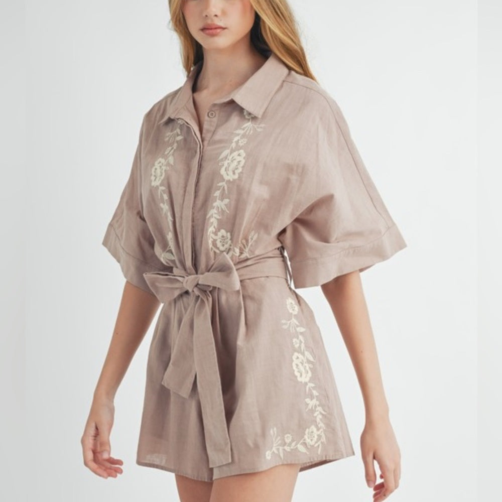 353. MABLE Embroidered Beige Romper with Tie Belt