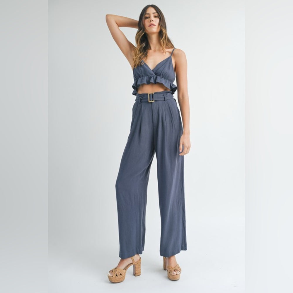 357. MABLE Ruffle Hem Cami Top And Belted Paper Bag Pants Set