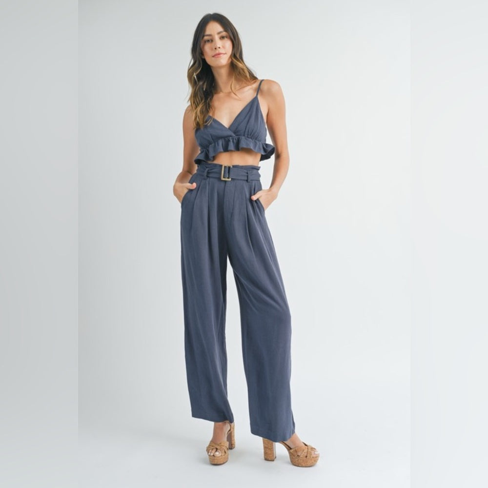357. MABLE Ruffle Hem Cami Top And Belted Paper Bag Pants Set
