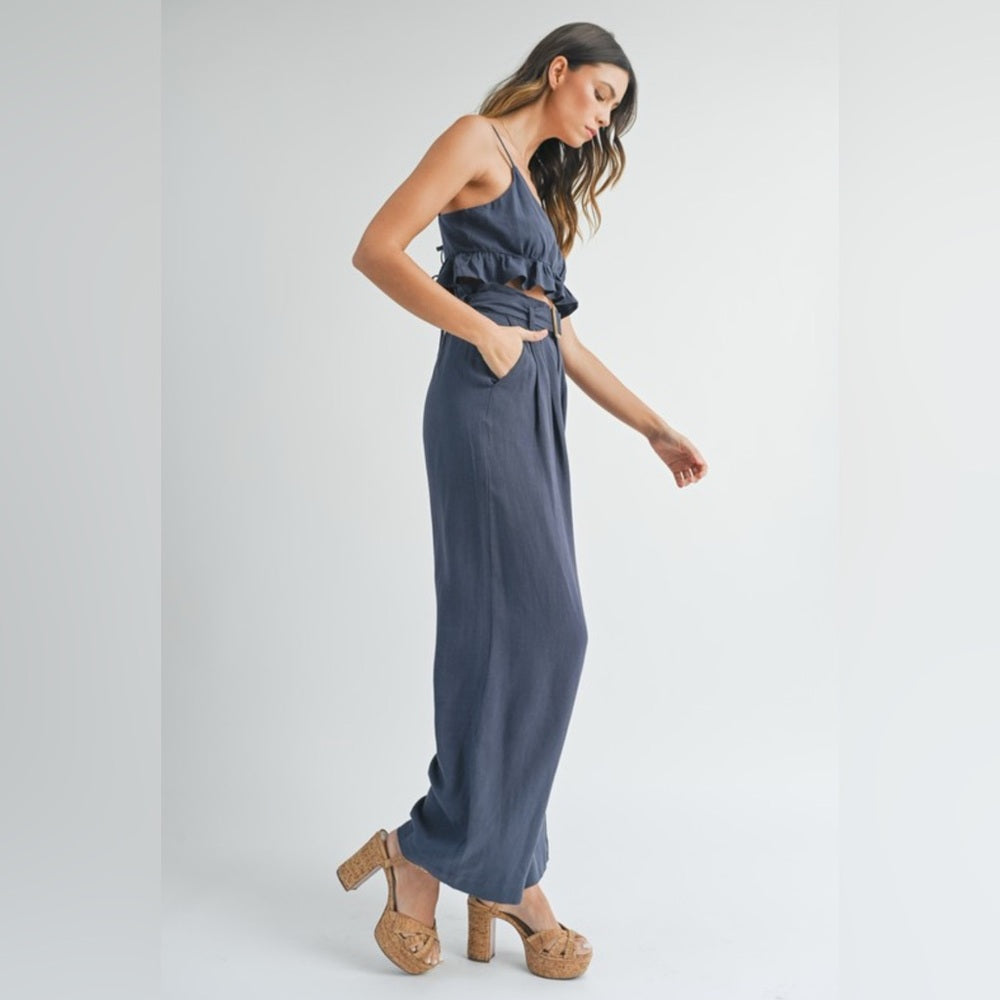357. MABLE Ruffle Hem Cami Top And Belted Paper Bag Pants Set