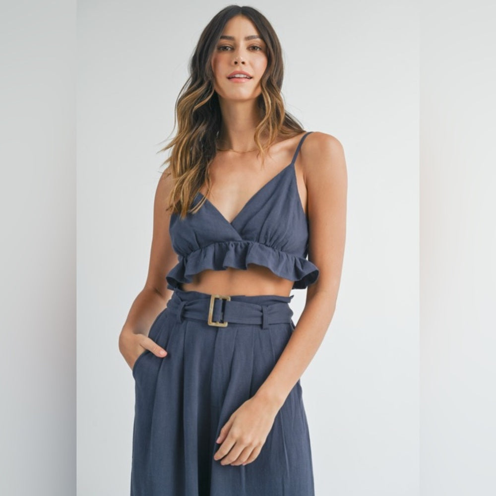 357. MABLE Ruffle Hem Cami Top And Belted Paper Bag Pants Set
