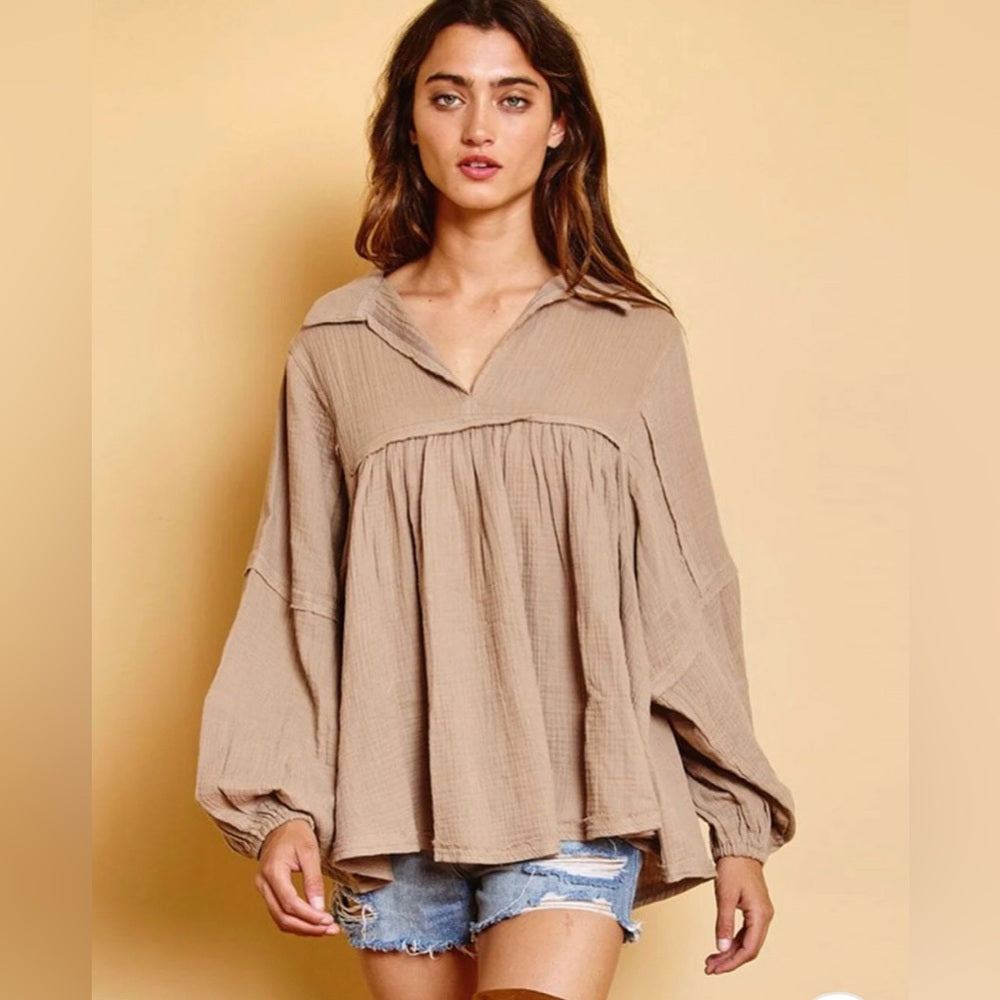 376. Gauze Long Sleeve Tunic Blouse - Tan