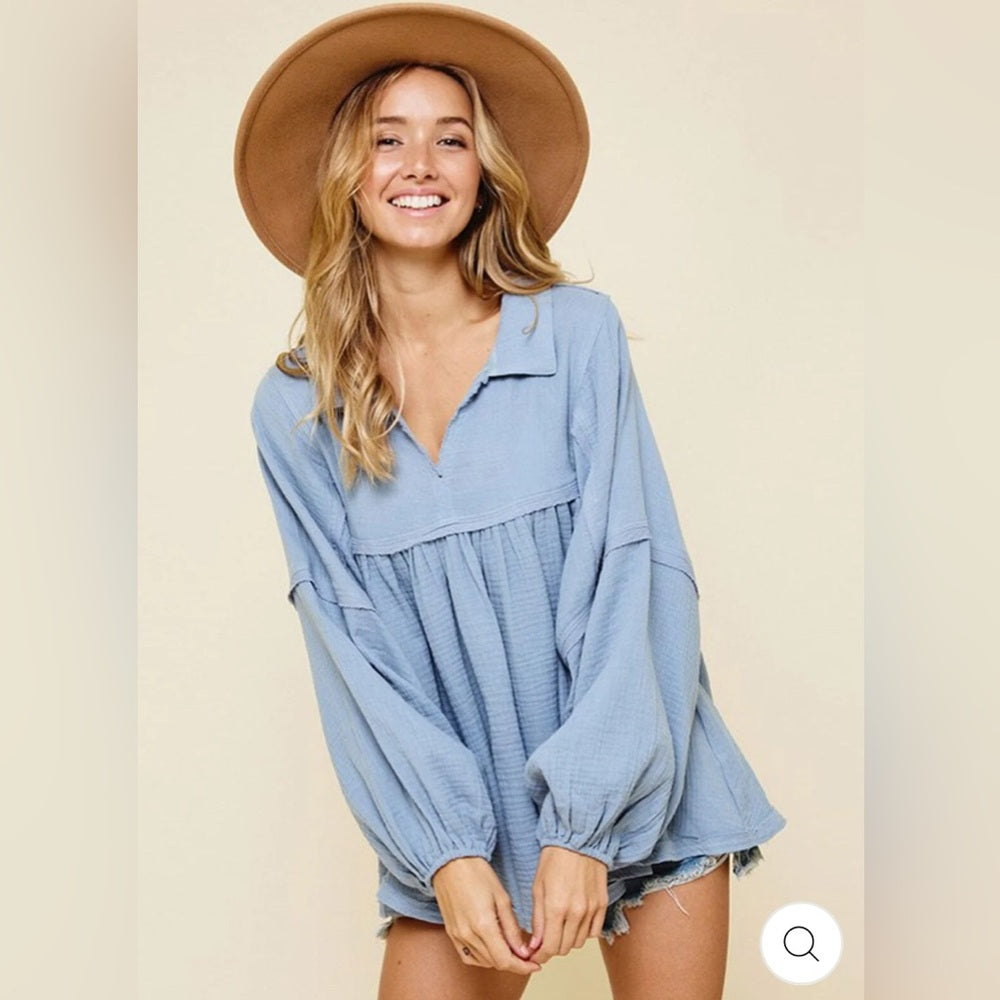 377. Gauze Long Sleeve Tunic Blouse - Sky Blue